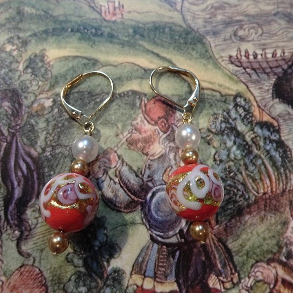 Handmade drop-style Murano earrings in Mediterranean orange with lampwork - Picture 8 of 10